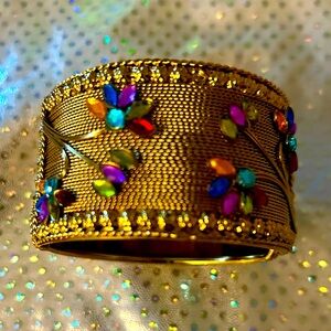 Colorful Rhinestone Crystal Beaded Bangle Bracelet Set Gold Brass Tone Bollywood